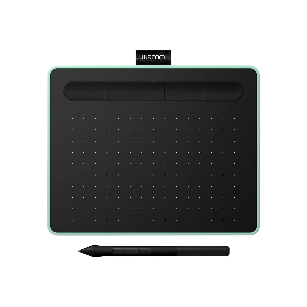Grafiktablett Wacom Intuos mit Stift. Tablet schwarz mit hellgrünem Rahmen und Punkten. Stift ebenfalls schwarz. Wacom Logo.