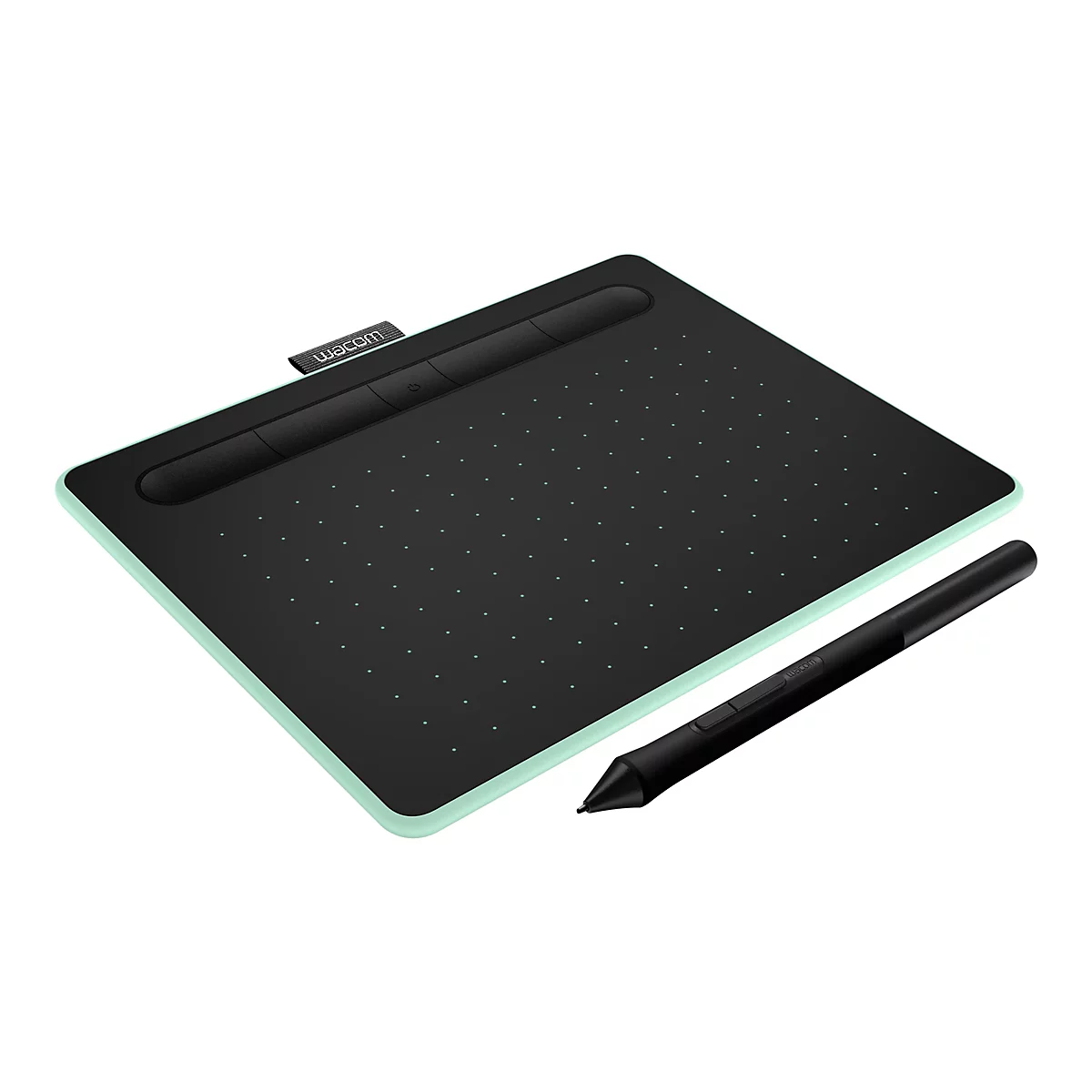 Grafiktablett von Wacom, schwarz mit türkisfarbenem Rahmen. Ein Stift liegt daneben.