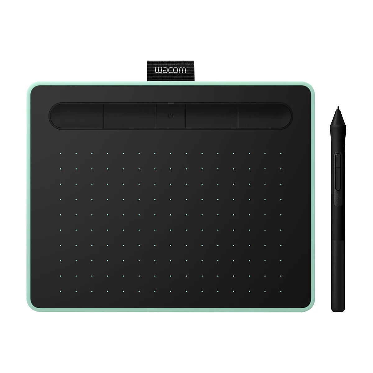 Grafiktablett Wacom mit Stift. Das Tablett hat eine mintfarbene Umrandung, schwarze Oberfläche mit Punkten und schwarze Bedienelemente. Der Stift ist schwarz.