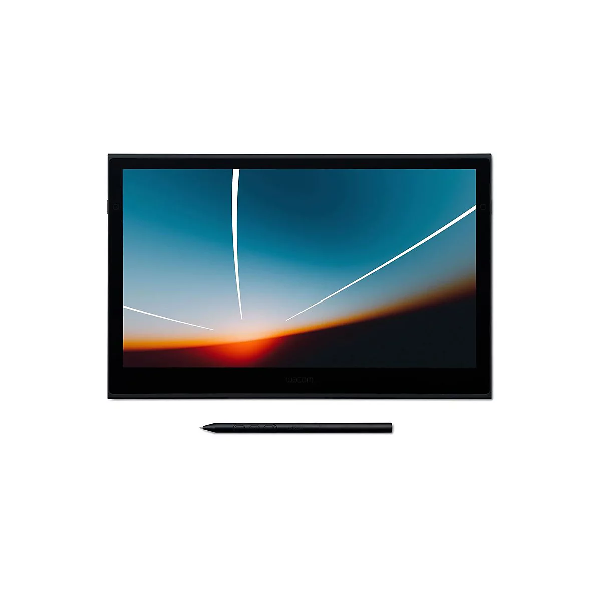 Schwarzes Grafiktablett mit Stift auf weißem Grund. Auf dem Bildschirm ist ein abstrakter Hintergrund zu sehen.