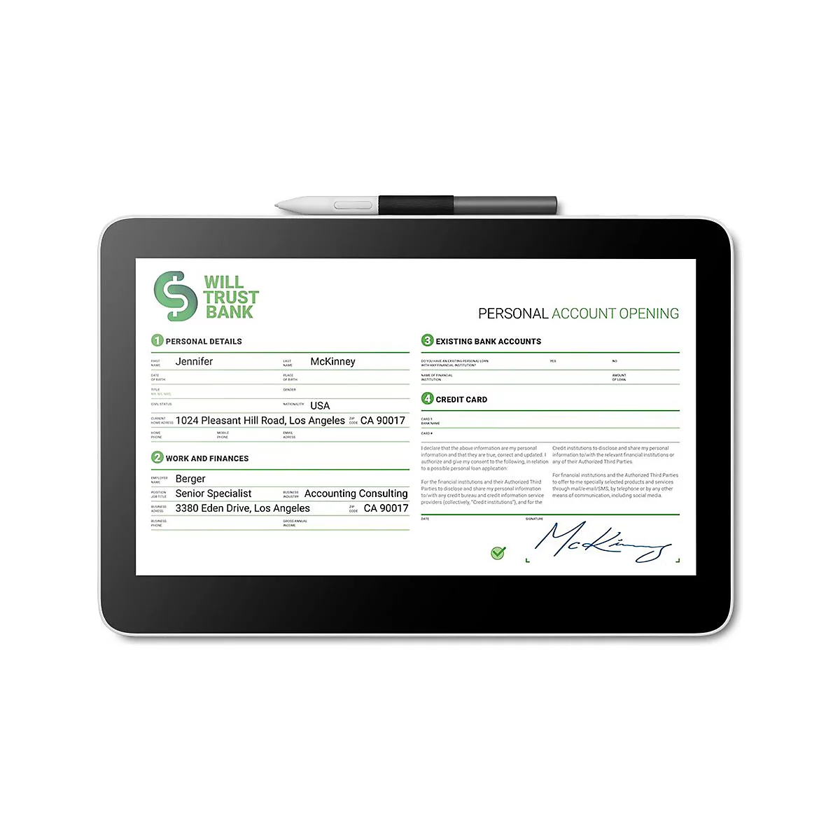 Ein Tablet zeigt ein Formular zur Kontoeröffnung. Es ist unterschrieben. Ein Stift liegt daneben.