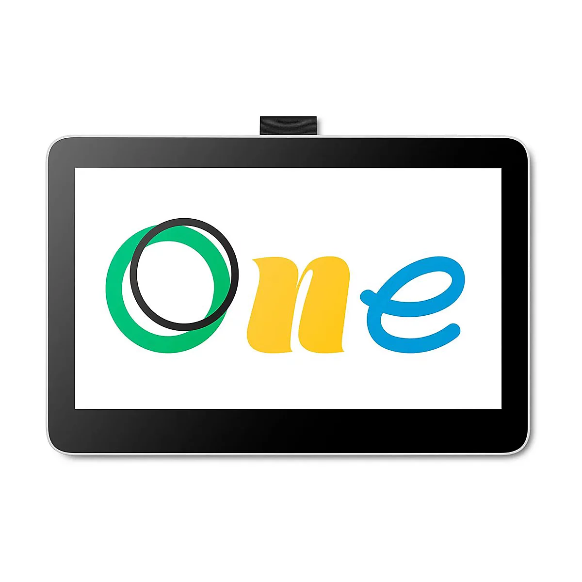 Tablet mit "One"-Logo: grüner Kreis, schwarzer Kreis, gelbes "n", blaues "e".