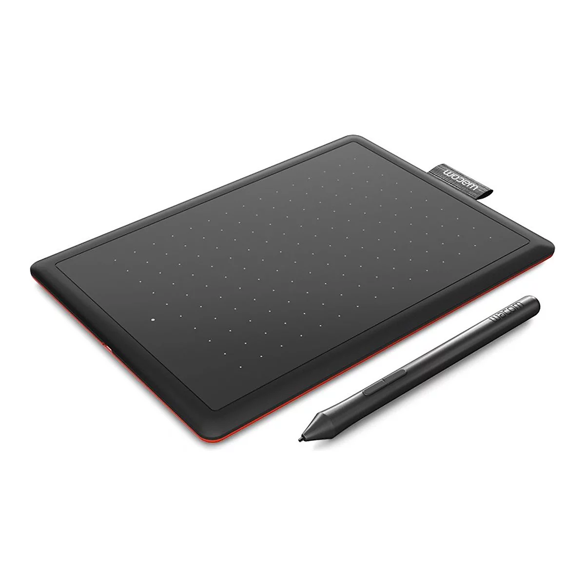 Grafiktablett und Stift von Wacom. Schwarzes Tablet mit roten Kanten und Stift daneben.