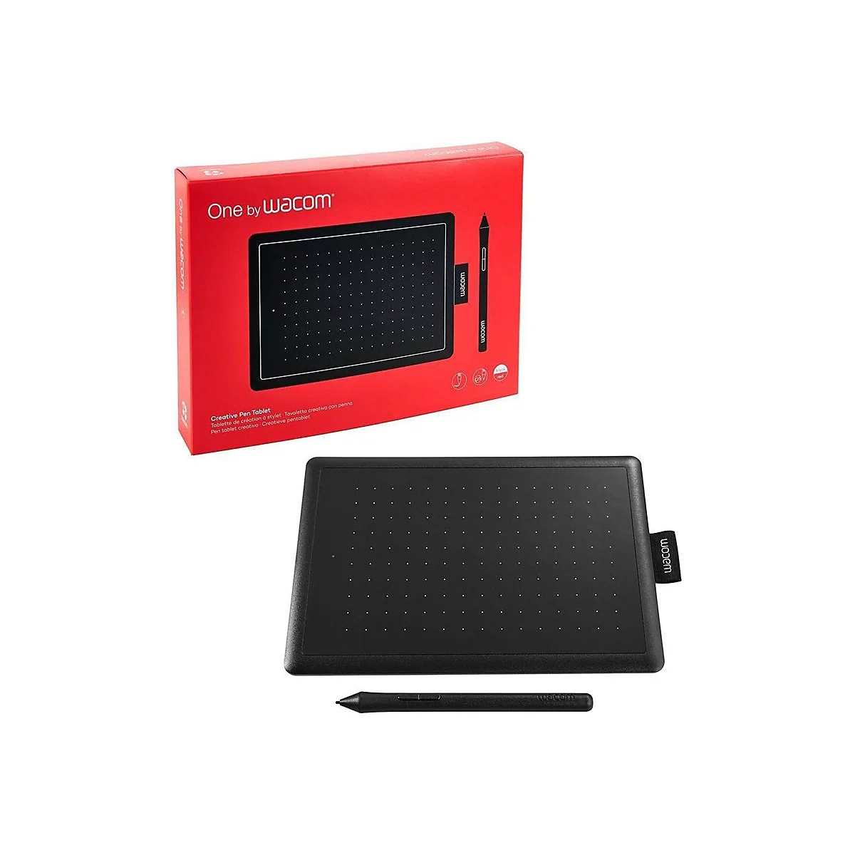Schwarzes Grafiktablett und Stift von Wacom mit roter Verpackung. Tablett und Stift liegen vor der Verpackung.