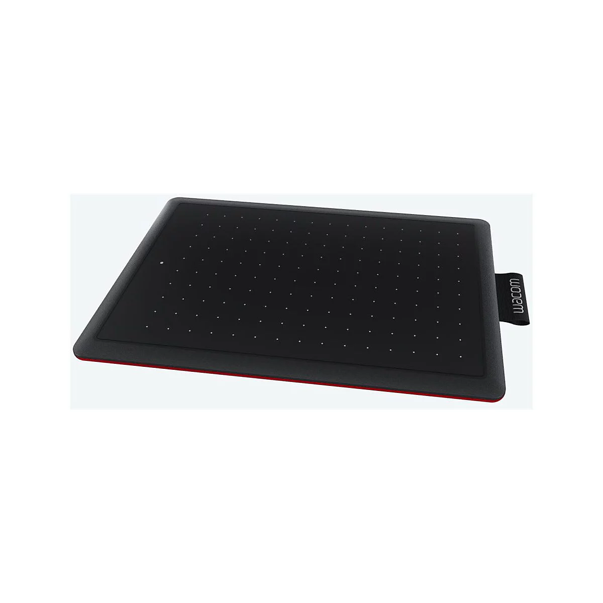 Schwarzes Grafiktablett mit roten Akzenten. Oben links und unten rechts das Wacom-Logo. Viele kleine Punkte auf der Oberfläche.