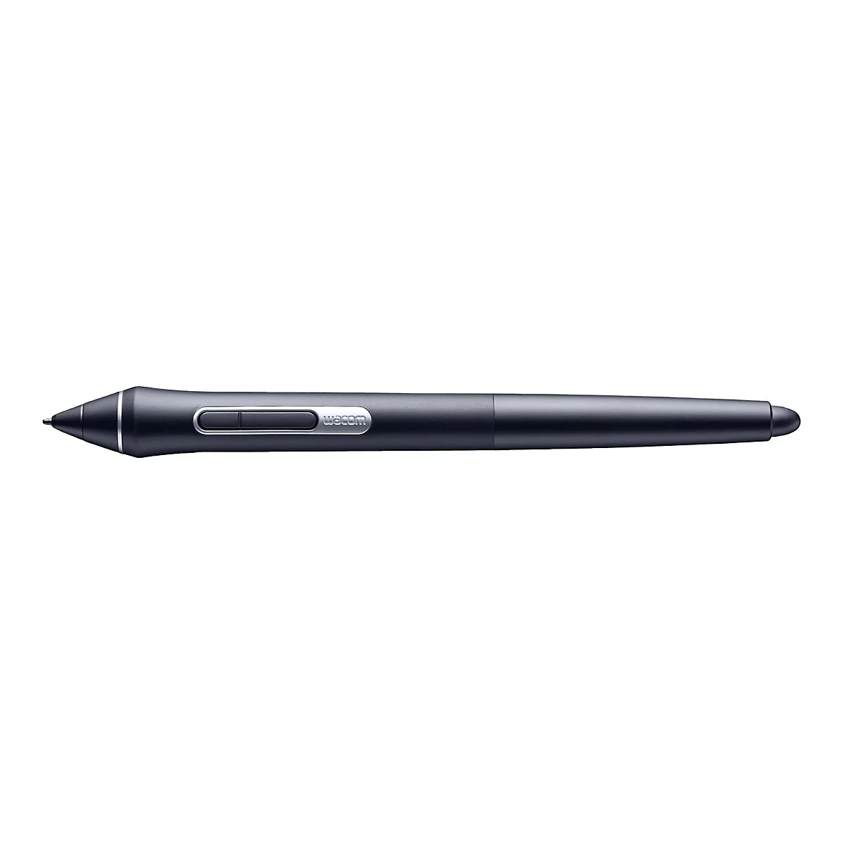 Ein schwarzer Wacom Stift vor weißem Hintergrund. Der Stift hat zwei Knöpfe, die Aufschrift „wacom“ und eine Spitze.
