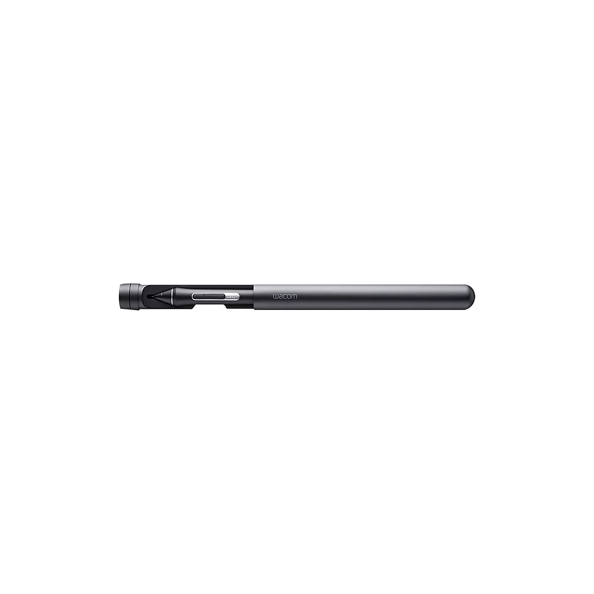 Ein grauer Wacom-Stift und seine HÃ¼lle liegen waagerecht auf weiÃŸem Grund.