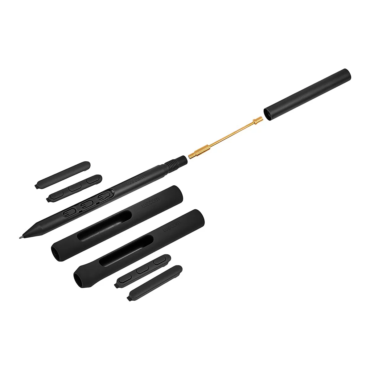 Schwarz-grauer Wacom-Stift und Zubehör, darunter Ersatzspitzen und -hülsen, vor weißem Hintergrund.