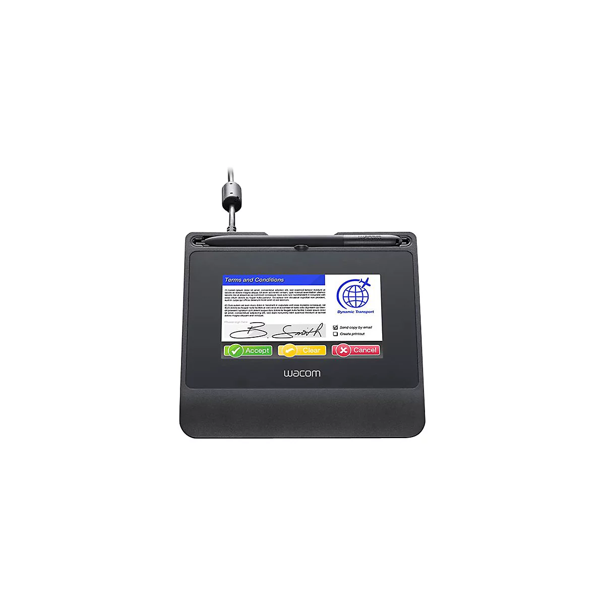 Schwarzes Wacom-Tablet mit Stift. Vertragsdokument auf dem Bildschirm. Akzeptieren-, Löschen- und Abbrechen-Buttons.