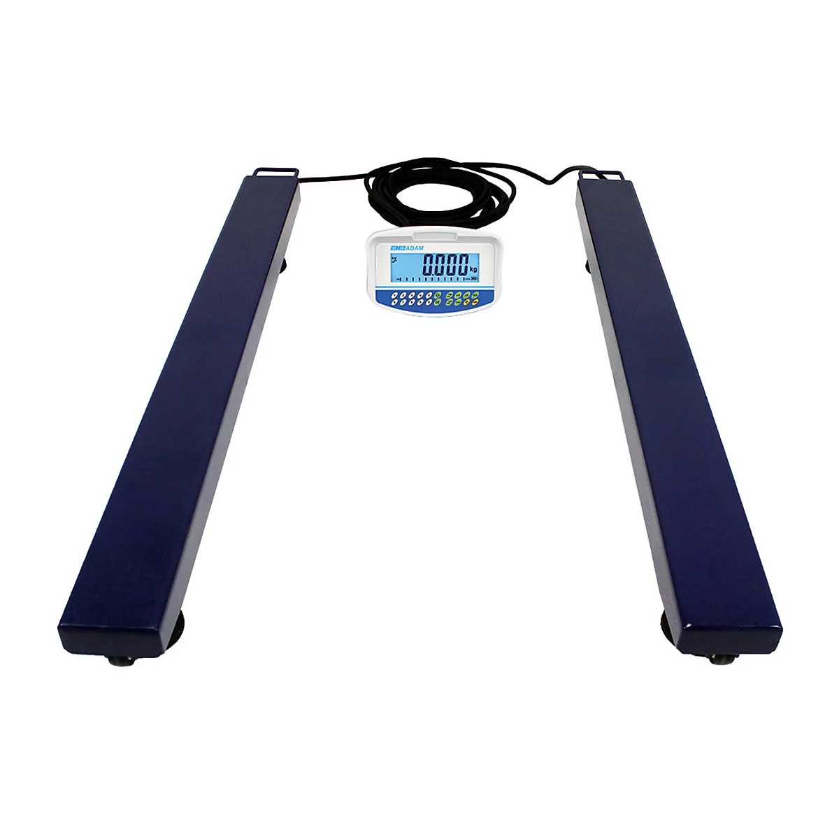 Waage mit zwei blauen Wiegeplatten und einem Display mit 0,000.