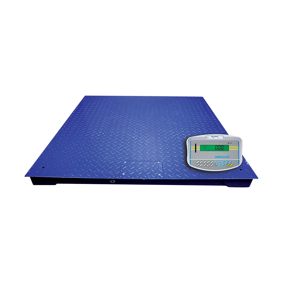 Wägebrücke Adam PT-312, Wägebereich 1000 g-3000 kg, mit AE403 Display, B 1200 x T 1200 x H 100 mm, Stahl, blau