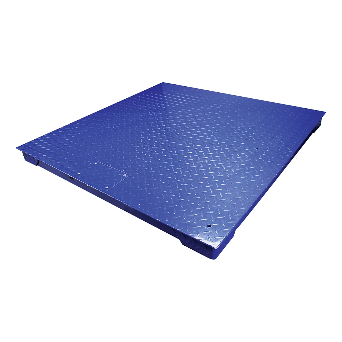 Blaue Industriewaage mit Riffelblechmuster, schräg von oben fotografiert. Ecken abgerundet.