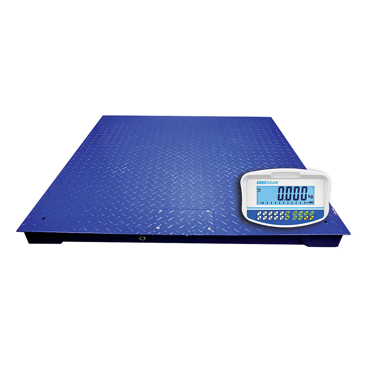 Blaue Industriewaage mit Digitalanzeige, zeigt 0,000 kg.