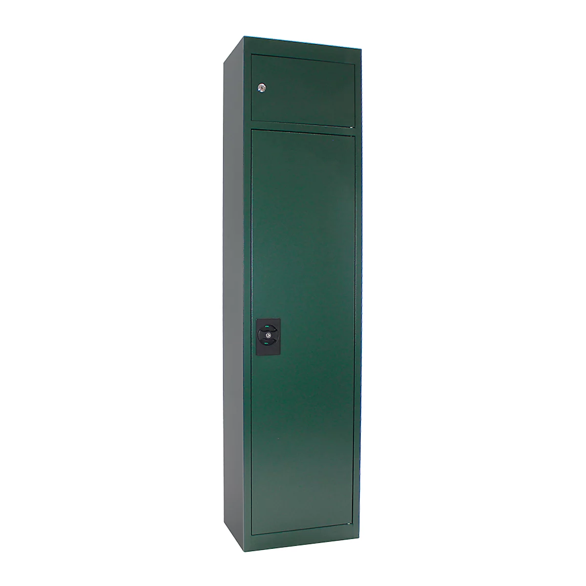 Ein dunkelgrüner Stahlschrank mit einem kleinen abschließbaren Fach oben und einer hohen Tür darunter.