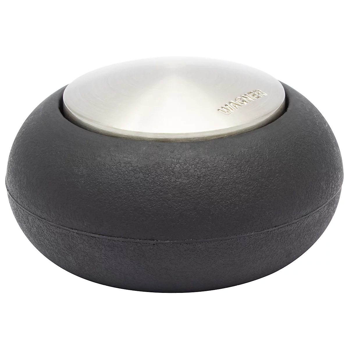 Ein schwarzer Türstopper mit einer silbernen, runden Oberseite. Auf der Oberseite steht "WAGNER".