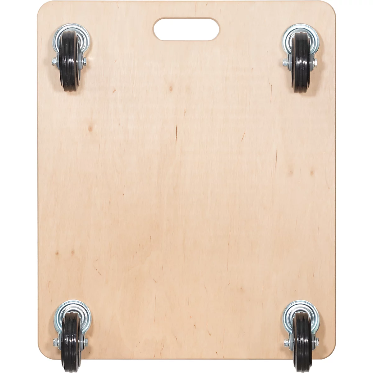 Houten plank met vier wielen, handgreepgat bovenaan. Wielen bevestigd in de hoeken.