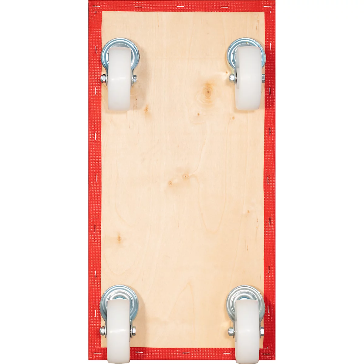 Een houten bord met vier wielen, omzoomd door een rood kader.