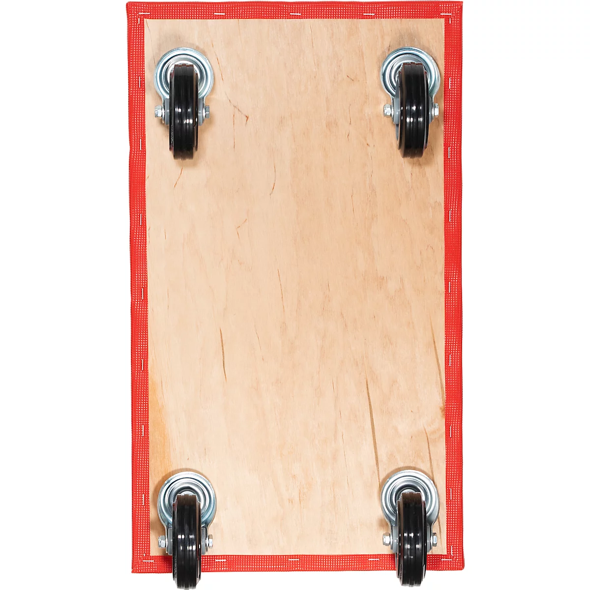 Houten plank met rode stoffen randen en vier wielen.