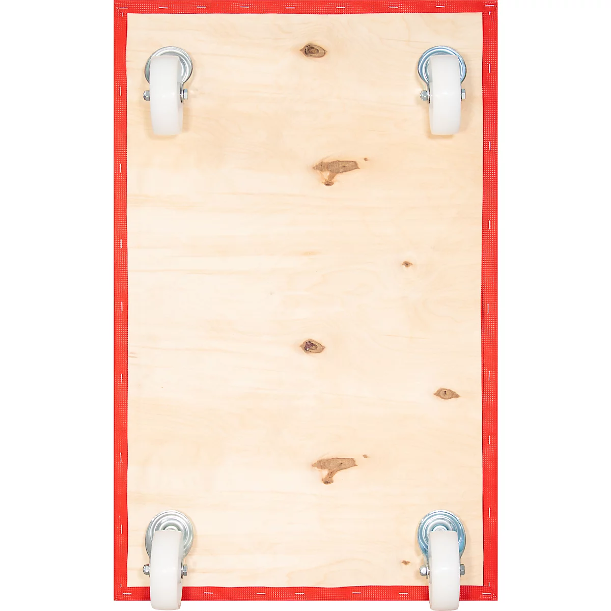 Houten plank met rode rand en wielen op de hoeken.