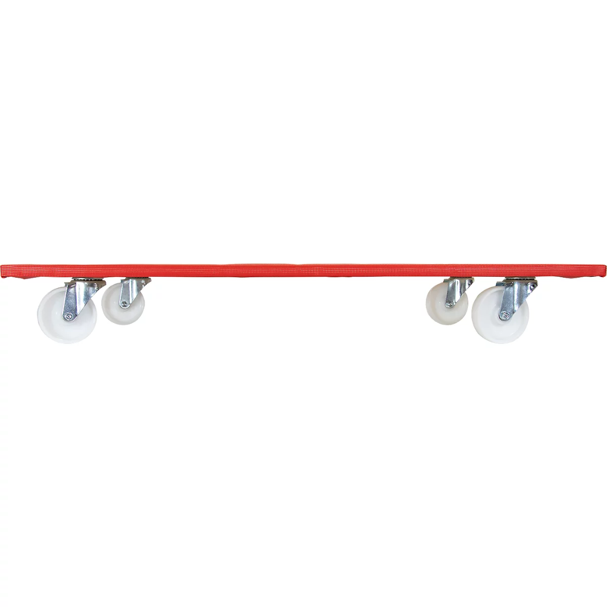 Rode transportroller met vier transparante wielen.