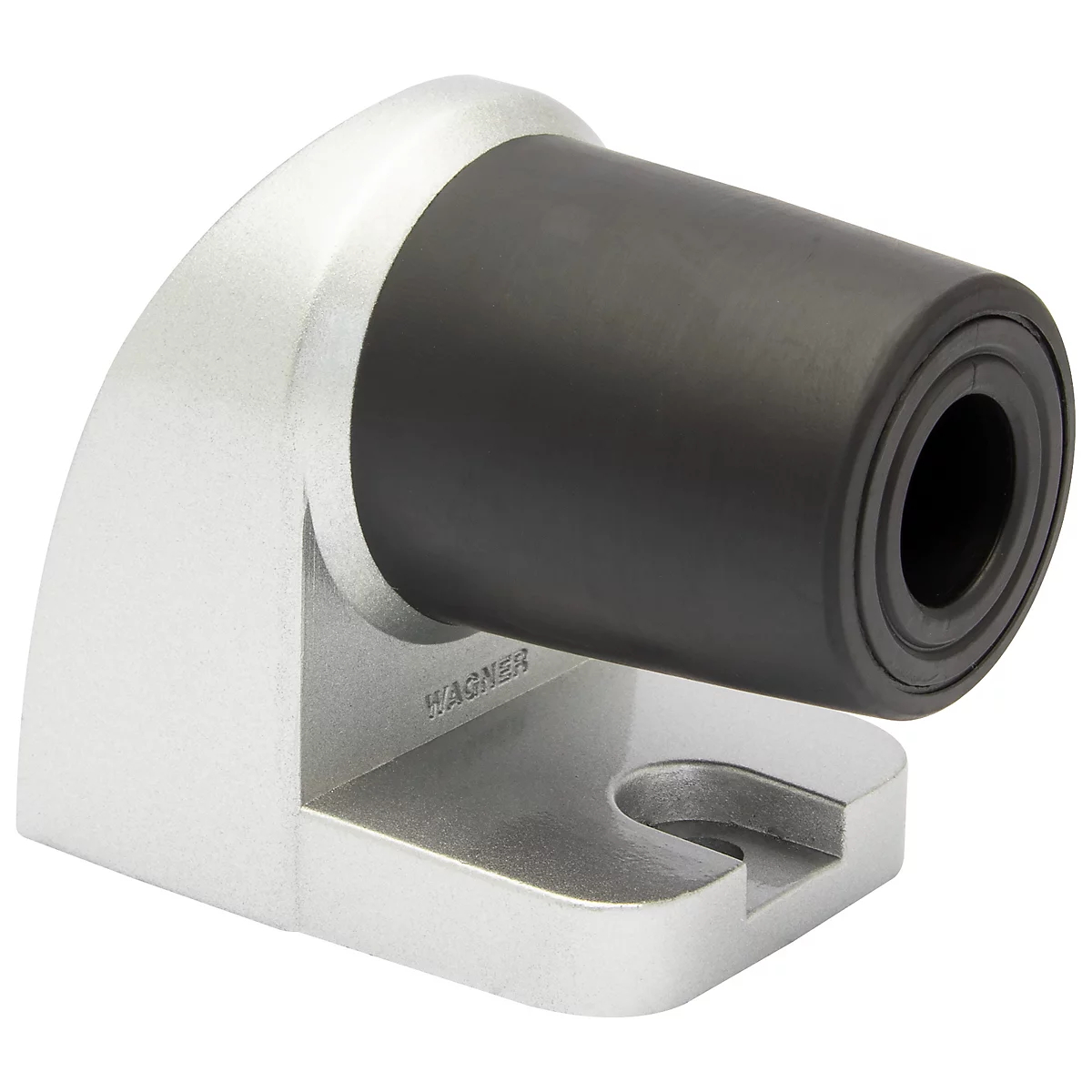 Een deurstopper met een zilverkleurige voet en een zwarte rubberen cilinder. Het merk 'Wagner' is in de voet gegraveerd.