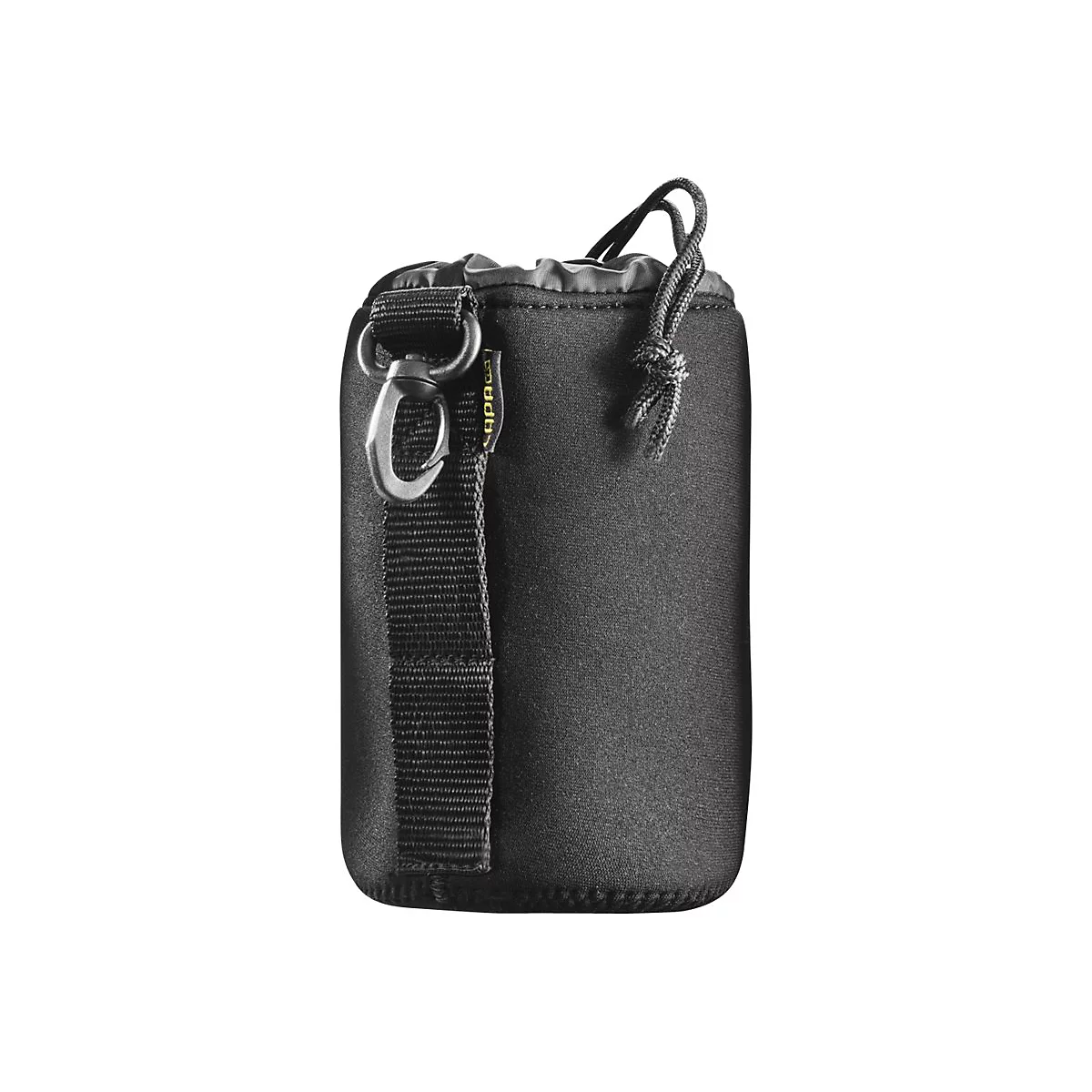 Schwarze Neopren-Objektivtasche mit Kordelzug und Karabinerhaken vor weißem Hintergrund.