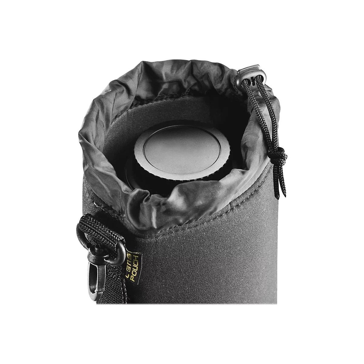 Schwarze Objektivtasche aus Neopren mit Kordelzug und aufgesticktem Schriftzug Lens Pouch.