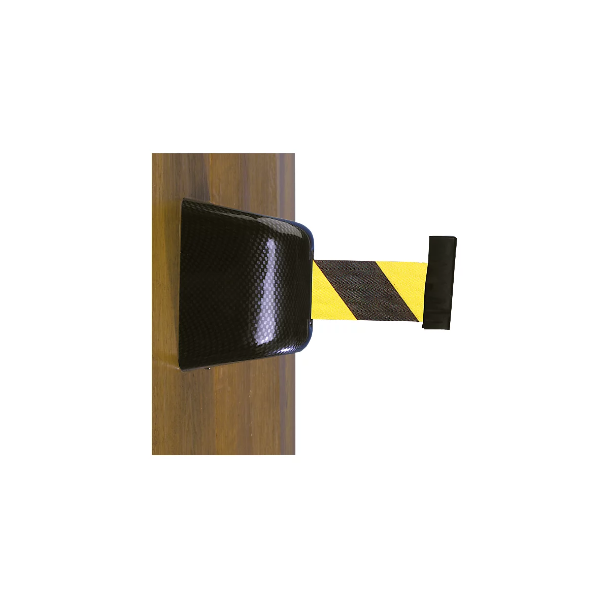 Black barrier tape with yellow stripes, attached to wood.