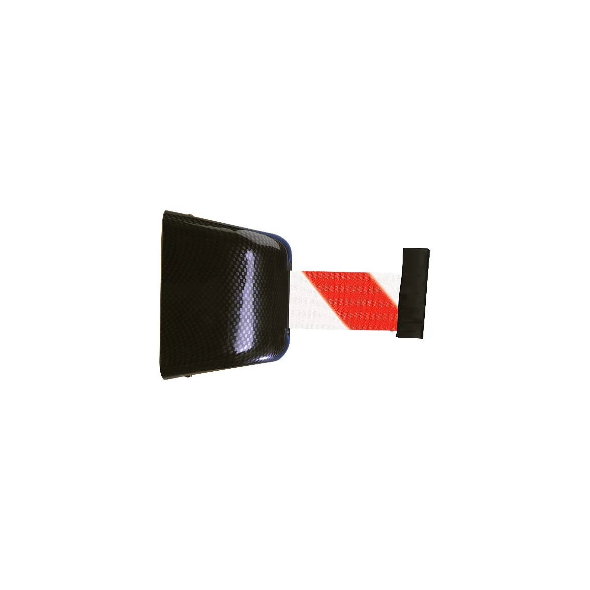 Black, textured housing with a red and white striped barrier tape extending from a black holder.