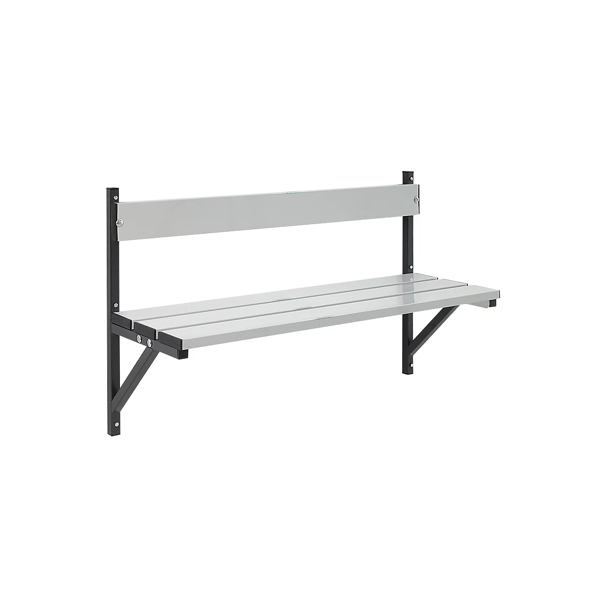 A gray wall-mounted bench with a black frame. The seat is made of several wooden slats and has a backrest.