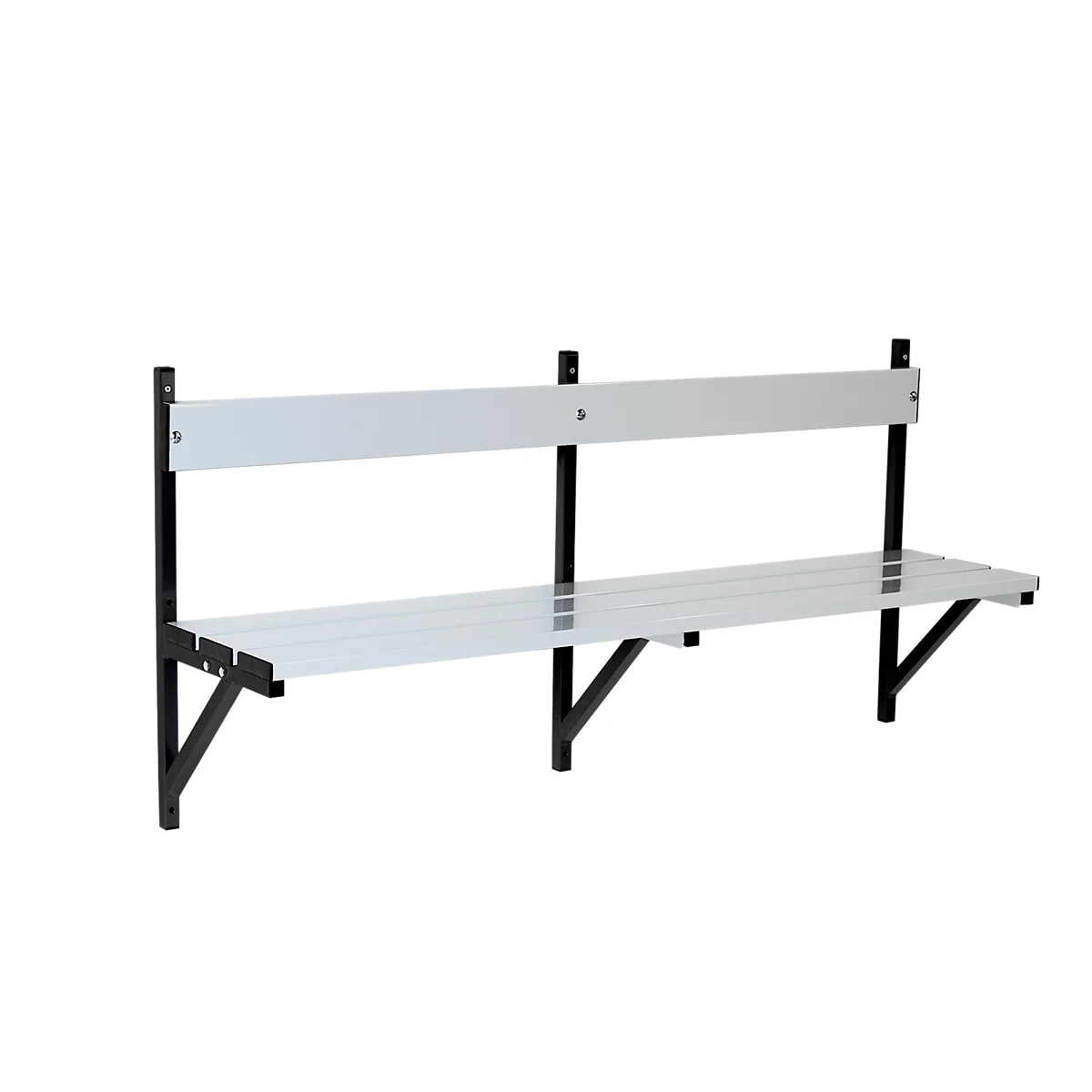 White wall-mounted bench with black frame against a white background.