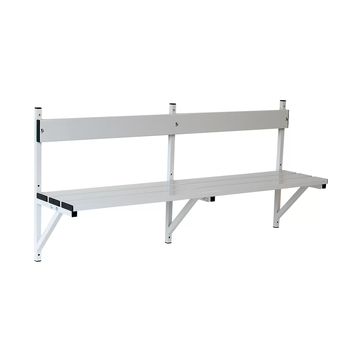 White wall bench with backrest, made of metal, brackets on the wall.