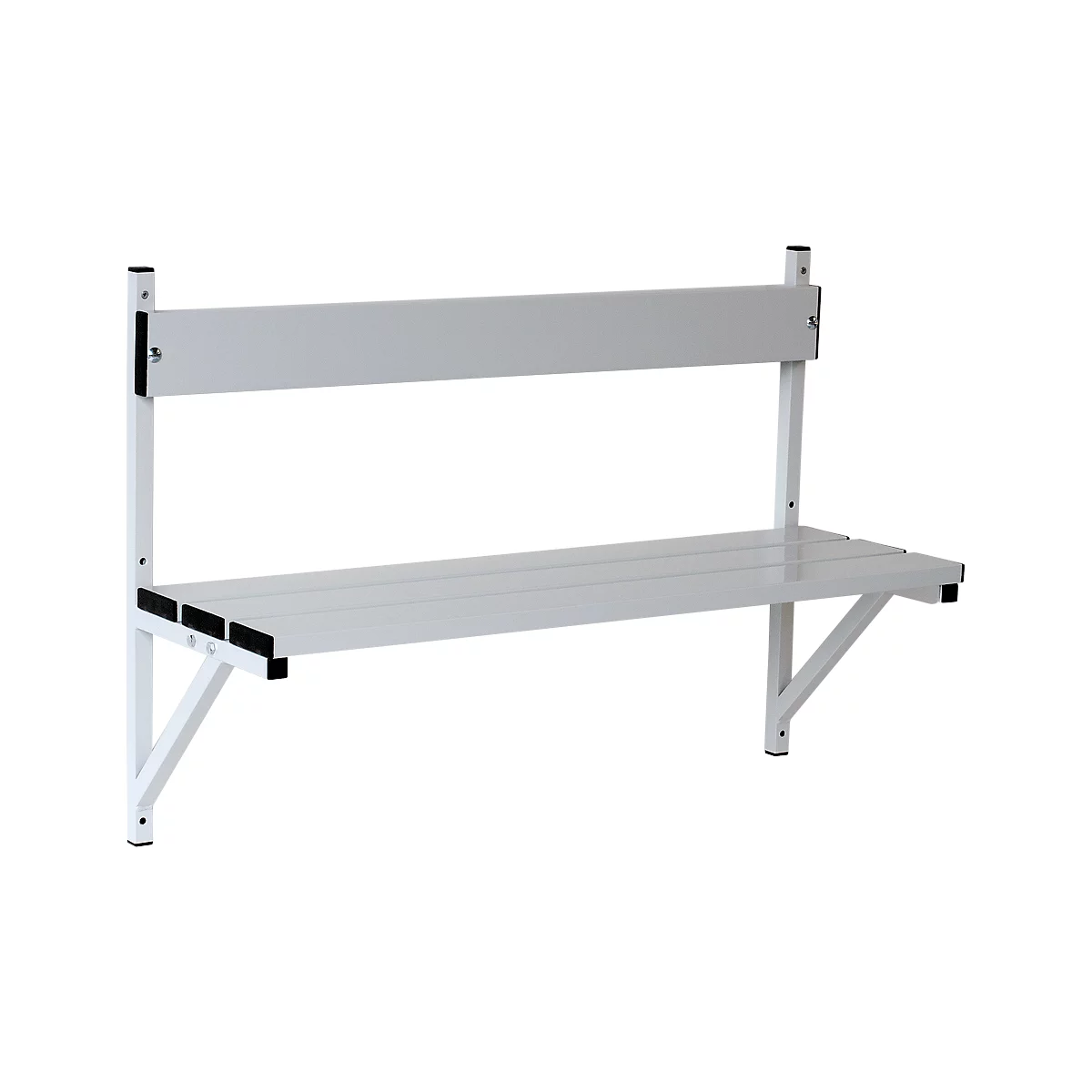 A wall-mounted bench made of white painted metal, with a backrest and seat made of horizontal slats.