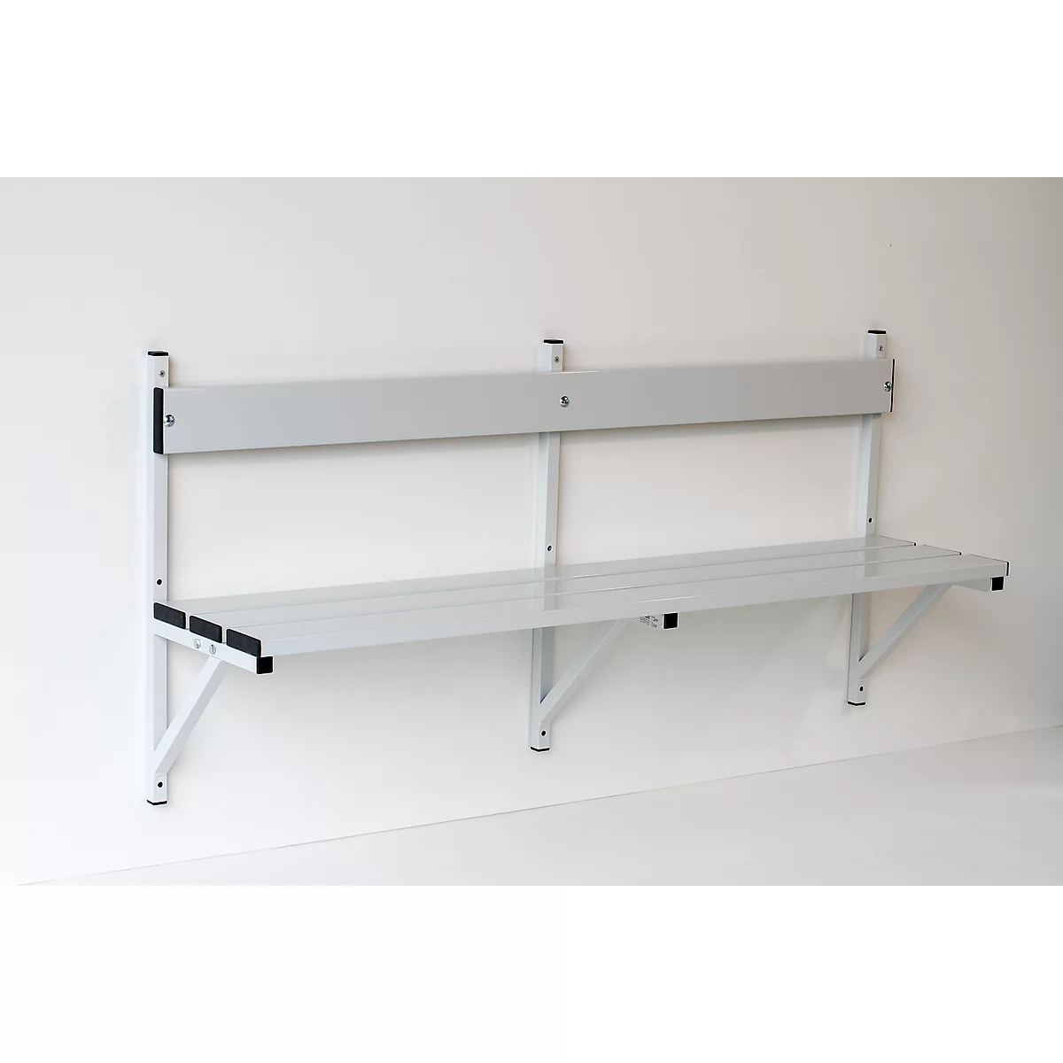 Metal wall-mounted folding bench.