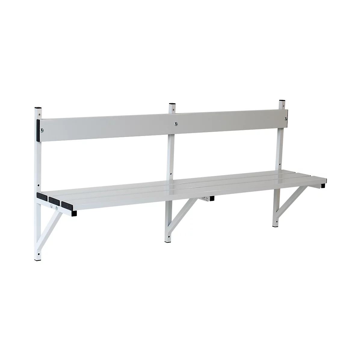 A white wall-mounted bench with a backrest, made of aluminum or a similar material. The bench is attached to the wall.