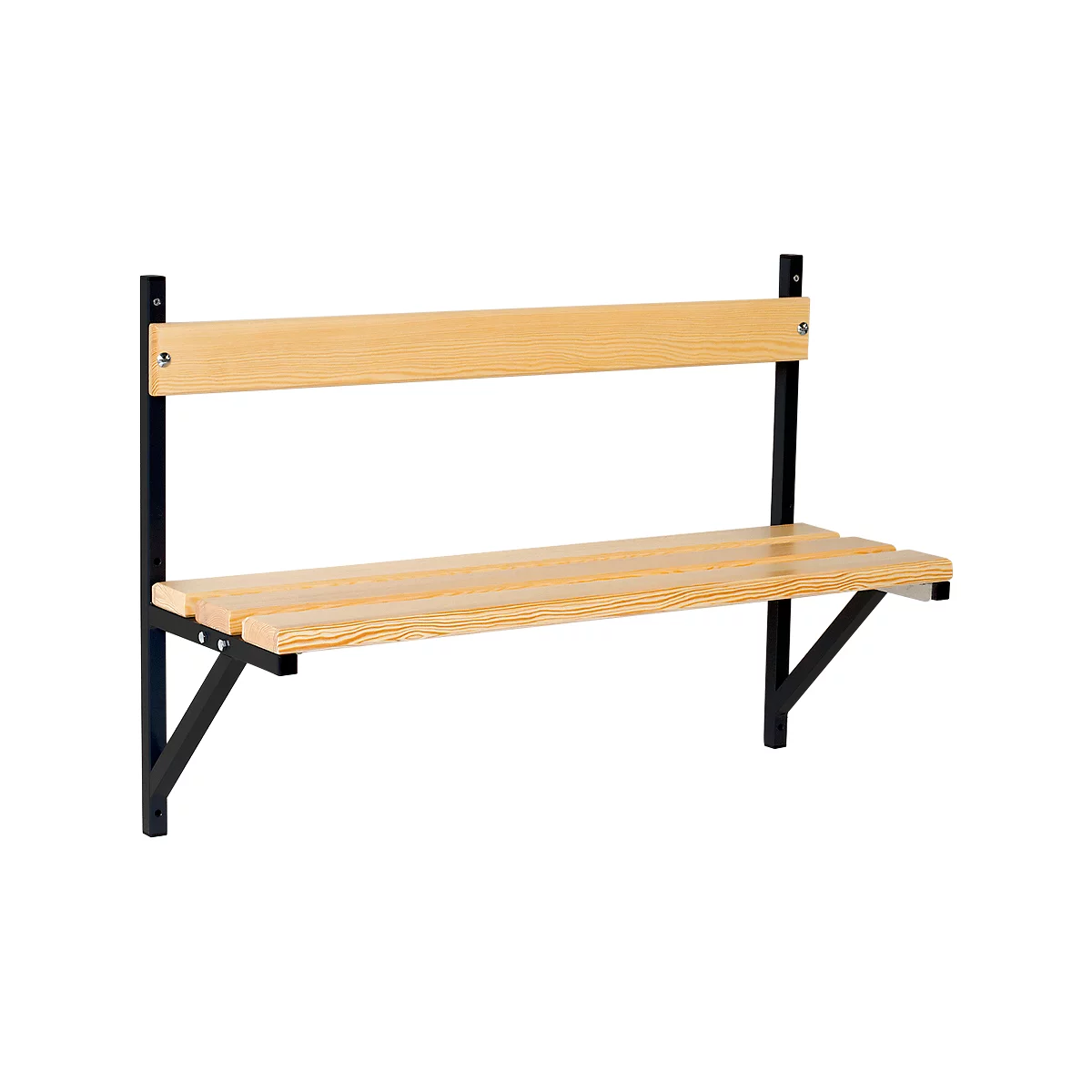 Wooden wall bench with black metal frame. The seat and backrest are made of wooden slats.