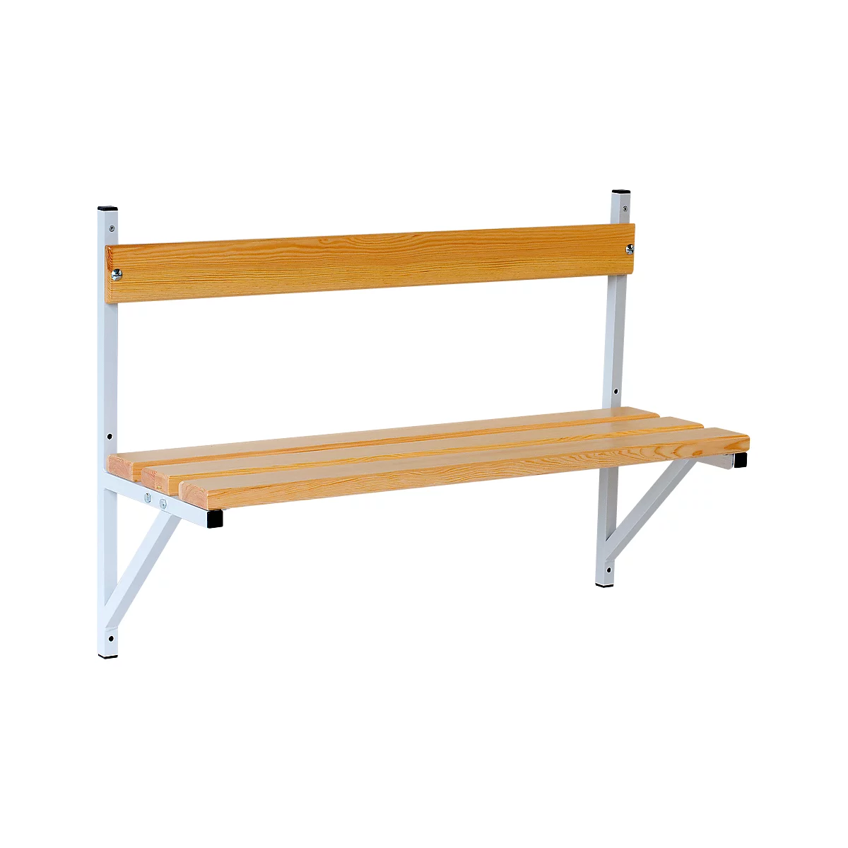 Wooden wall bench with backrest and white metal frame.