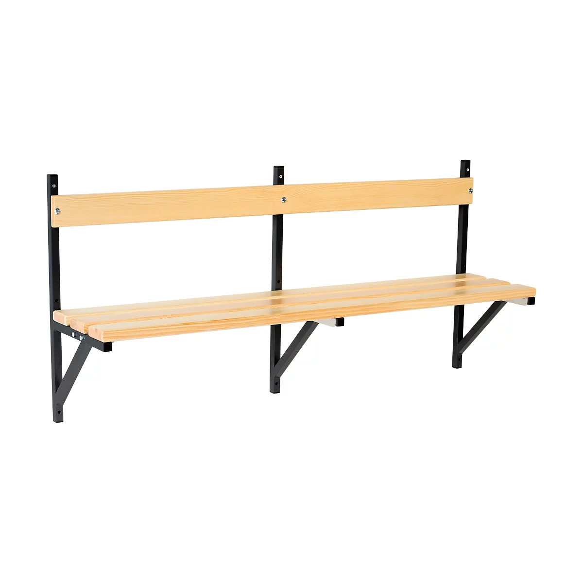 Wooden bench with backrest. Black bracket, attached to the wall. Wooden slats for seat and back.
