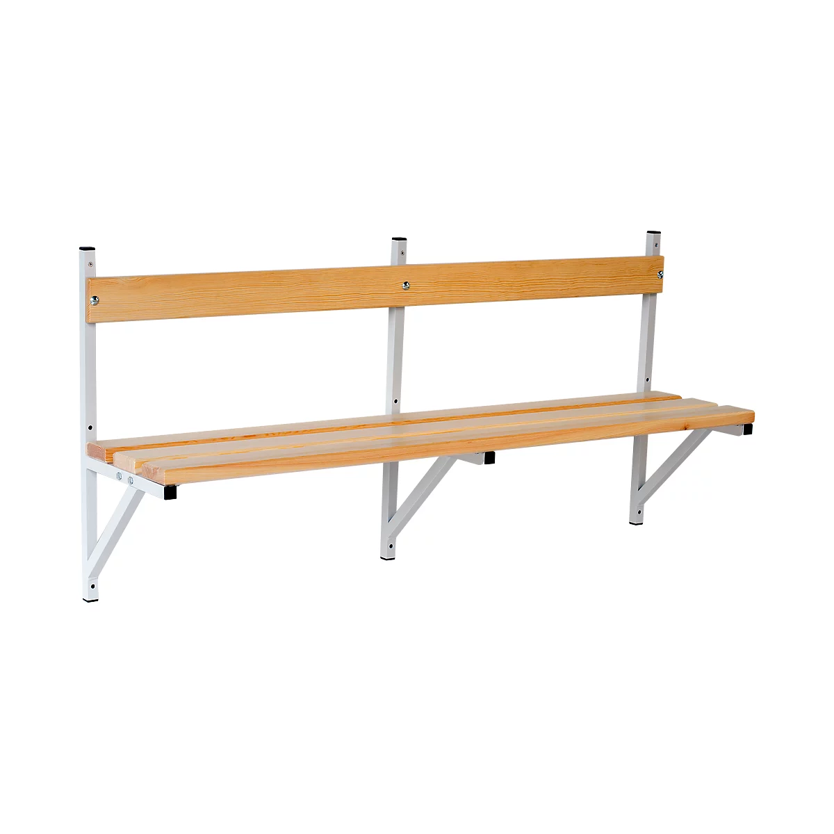 Wooden bench with backrest and metal supports. The bench is depicted against a neutral background.