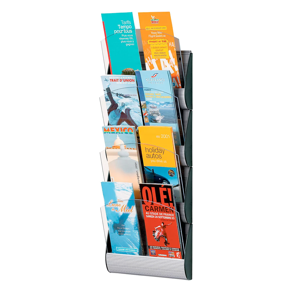 A multi-section brochure holder filled with various brochures and flyers. Colors range from blue and yellow to red.