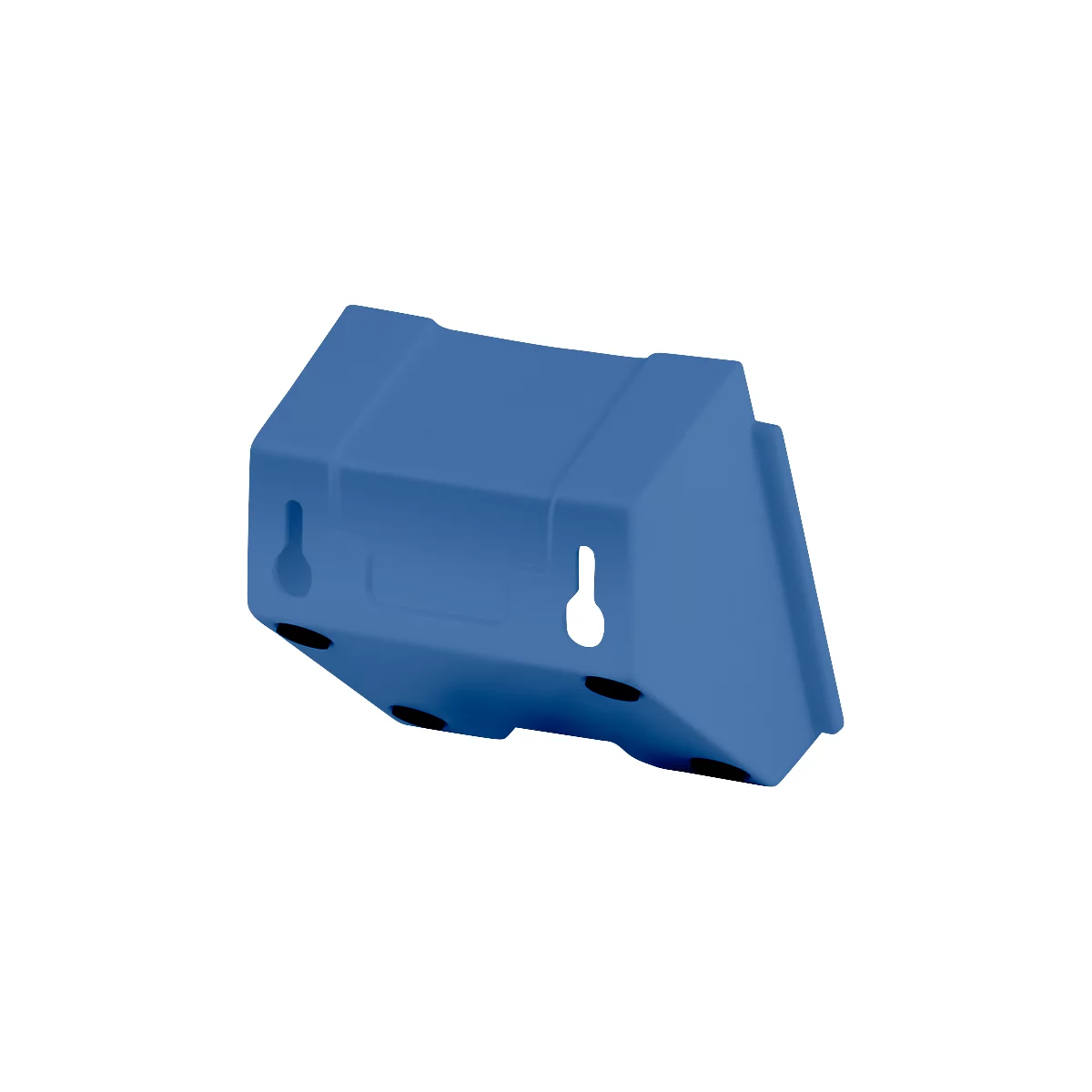 Blue, trapezoidal wall mount with two hanging holes and black feet.