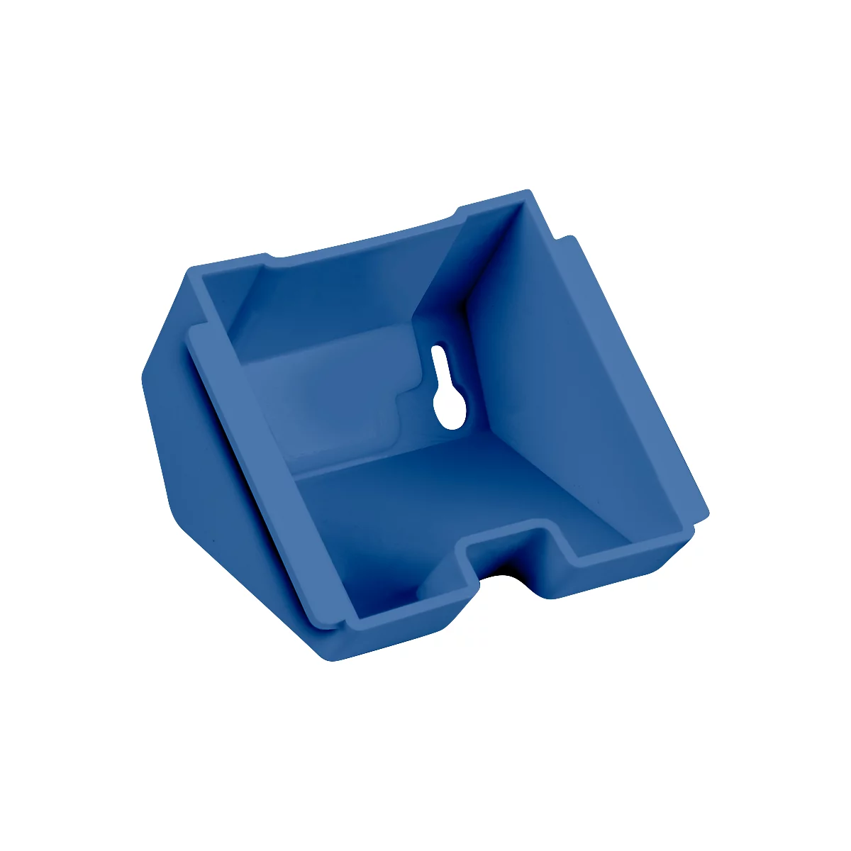 Blue, angled wall mount with hanging hole.