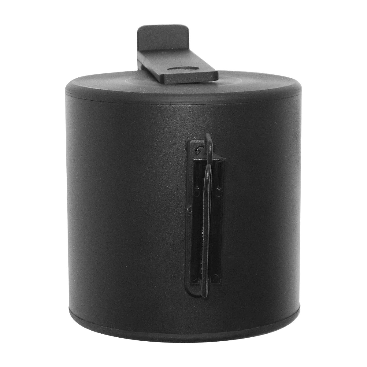 Black cylindrical container with flip lid and handle.