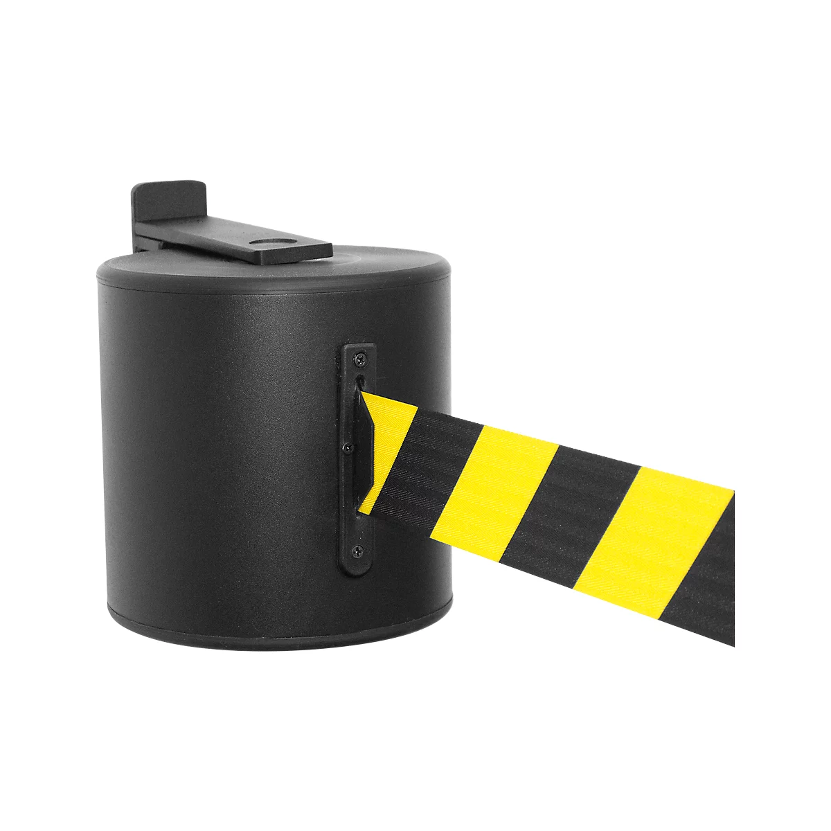 Black barrier with yellow and black stripes. A part of it is attached in a black housing.