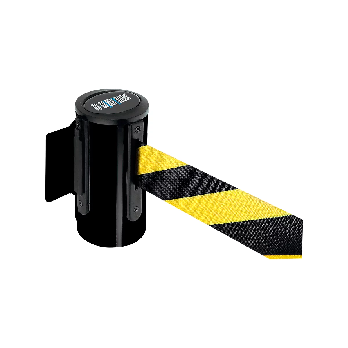Black, wall-mounted barrier belt with yellow and black stripe.