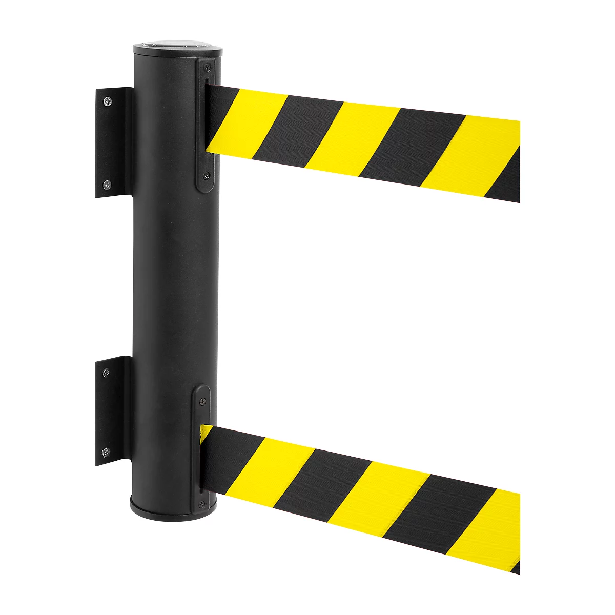 Black pillar with a yellow and black striped barrier tape.