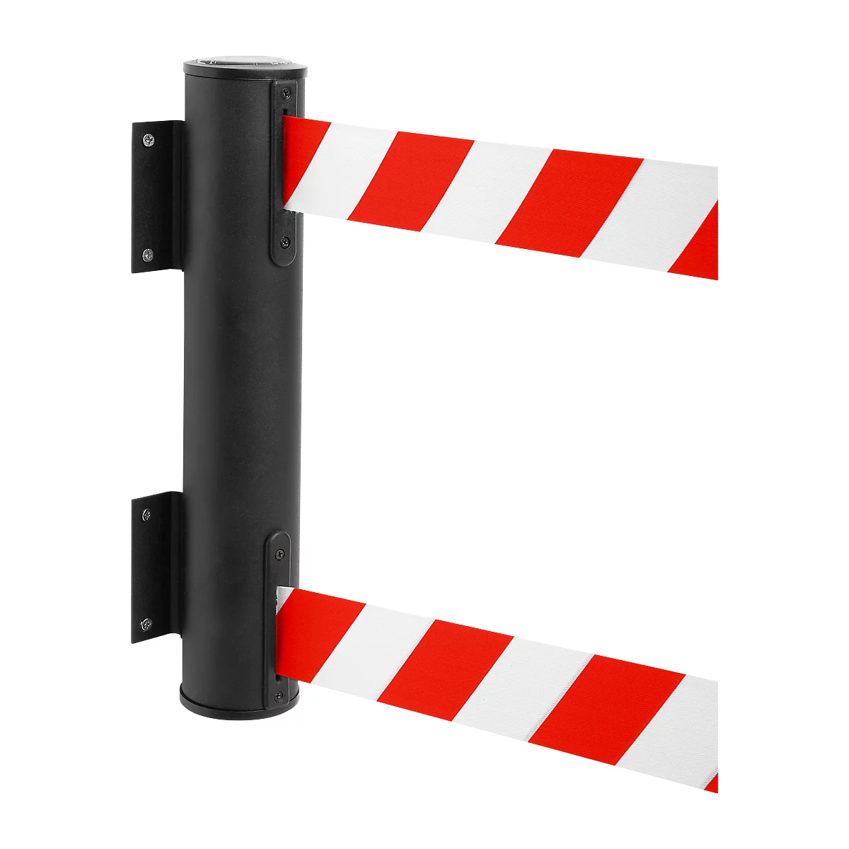 Black post with red and white striped barrier tape, defining an empty space.