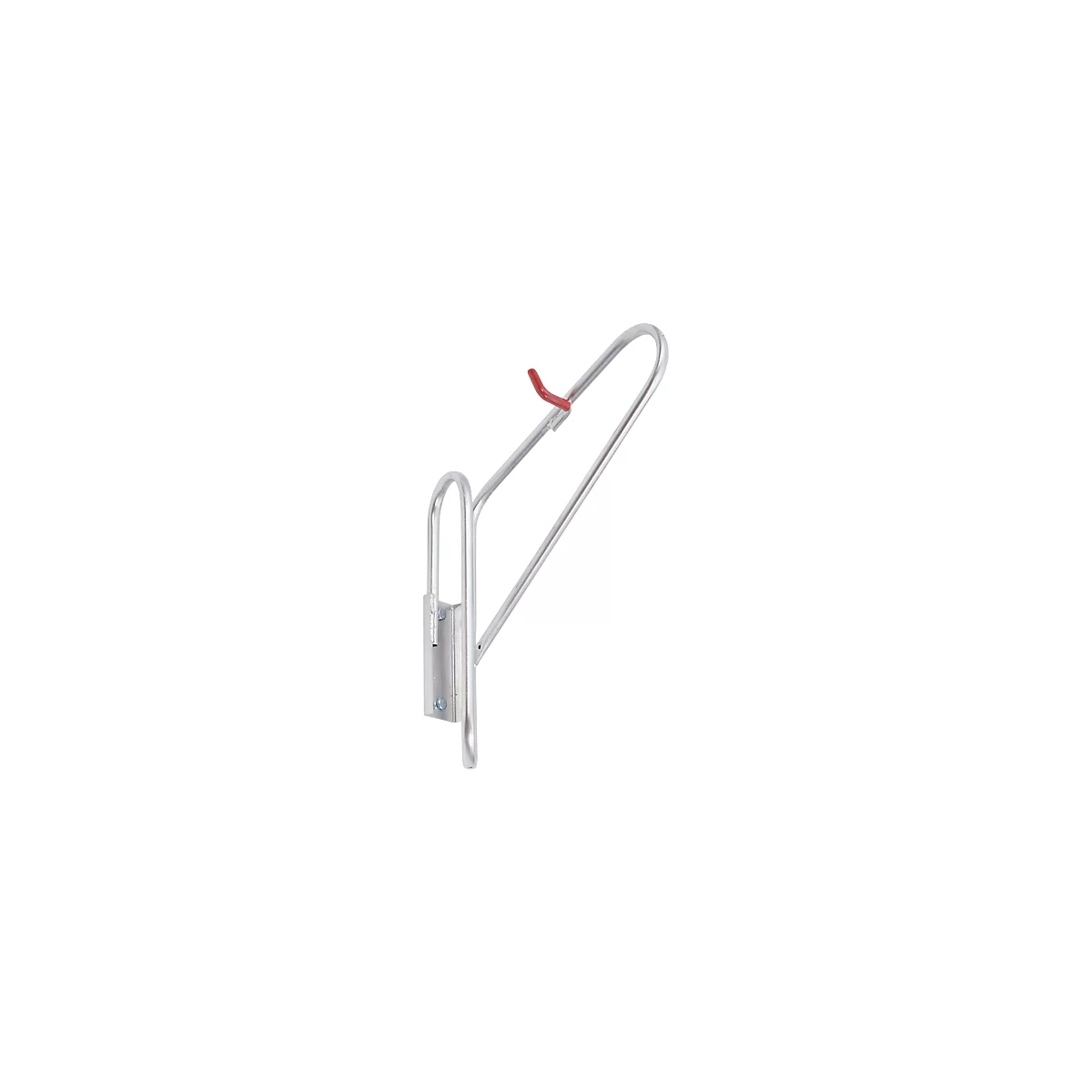 Metal railing with red hook. Mounted on a wall.
