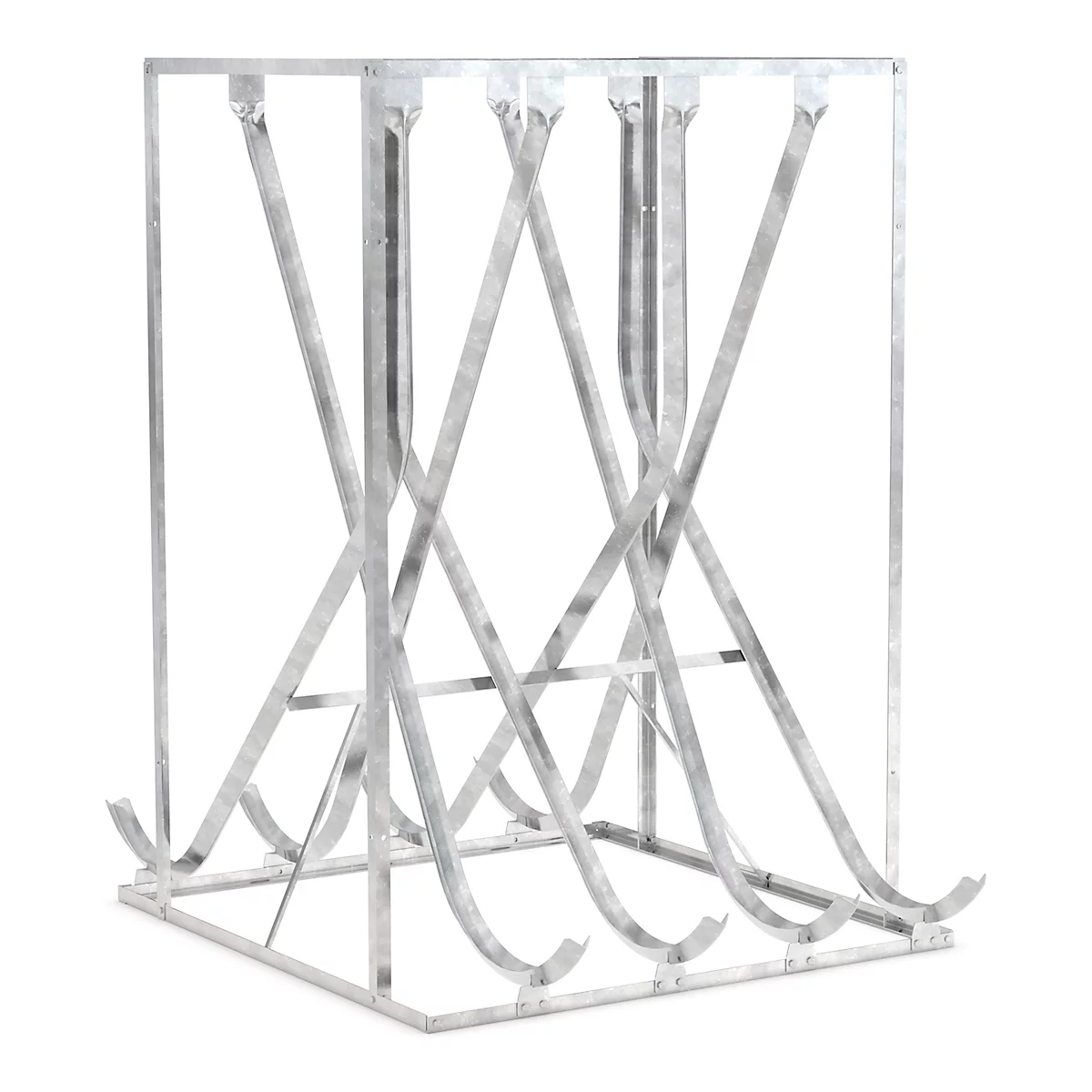Metal wine rack with a square base. Vertical posts, diagonal braces, and curved shelves.