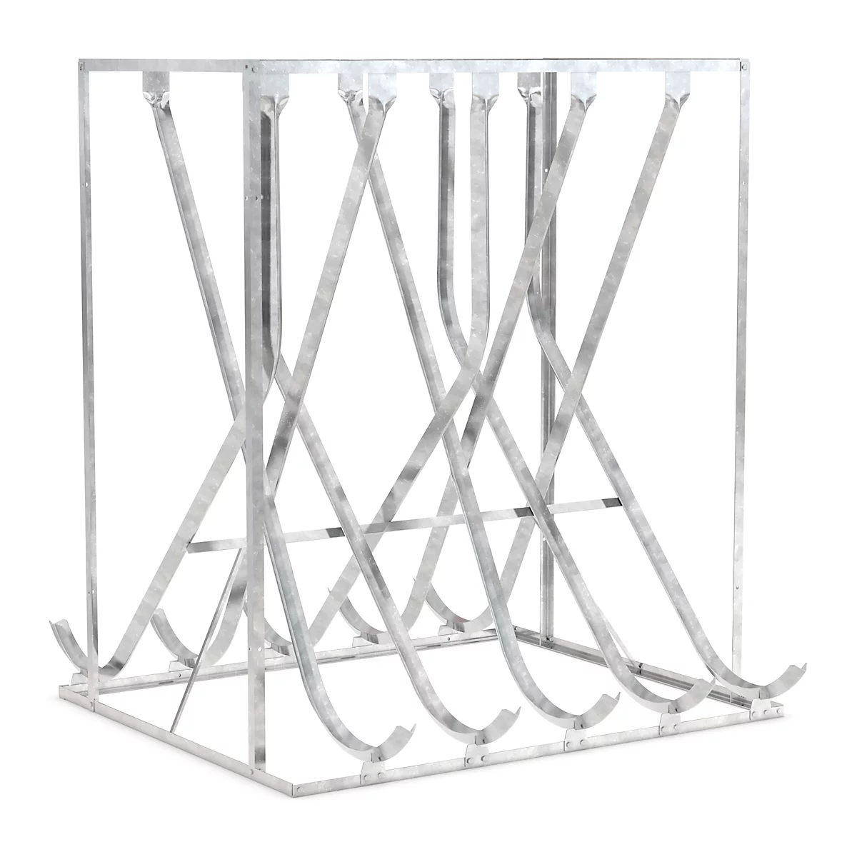 Metal frame with crisscrossing struts. Silver-colored, freestanding, clear structure.